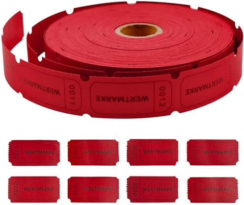 Rouleau de 1000 Ticket Tombola - Tickets de Tombola Numérotés, Jetons Boisson et Repas - Pour Mariage Bar Événements - Tickets Polyvalents Papier Résistant à l'Eau et Graisse (Rouge)