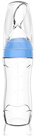 Generic 120 Ml Baby-Silikon-Quetschflasche mit Löffel und Schutzhülle, Ergonomisches Design für Einhandfütterung, Geeignet für Milch und Säuglingsnahrung, Pink (BLUE)
