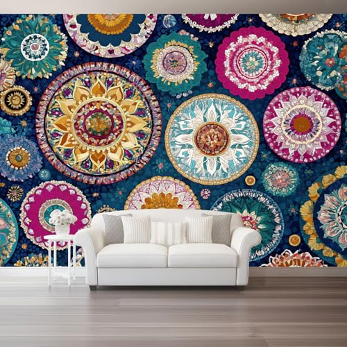 Fototapete Vintage Indischer Stil Mandala - Bunt Tapeten Wanddeko 200 x 140 cm Wandbild Moderne Wandtapete Büro Flur Vlies Tapete Wohnzimmer Schlafzimmer Dekoration
