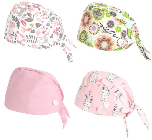 Zidoley OP Hauben 4er Set Baumwolle Unisex – OP Haube Stoff für Damen & Herren, Verstellbar mit Bindeband & Schweißband, Wiederverwendbare OP Mütze für Ärzte, Pflege & Zahnarzt
