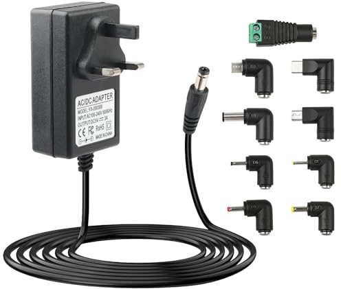5V 3A DC Power Supply Adapter Charger with 8 Tips Cord IN 5 Volt fit for 5Vdc 3A 2.5A 2A 1.5A 1A 0.5A for Baby Monitor Bluetooth Speaker TV Box 15W 1.8M UK Plugs with 8 Tips