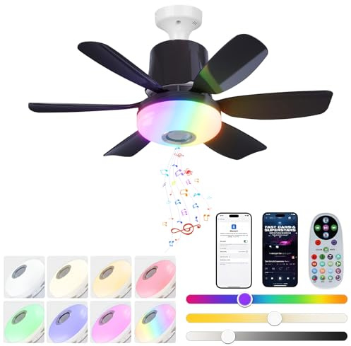 ConBlom 47cm Modern Ceiling Fan Light with 6 Blades, Remote Control RGB Dynamic Lighting + Bluetooth Speaker 3 Speed & Color Temp Settings for Kids Bedroom, Game Room & Party Decor (Black)