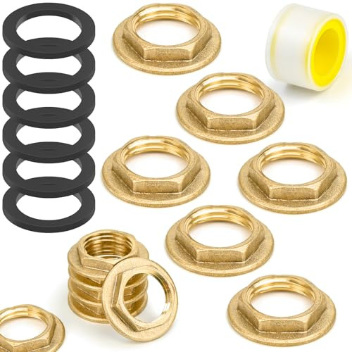 FLEXNOVA 6 Stück Flansch Sechskant Sicherungsmuttern, Messing Innengewinde Flanschmutter 1/2 Zoll Wasserhahn Mutter Sechskantmutte mit Dichtung und Dichtband für Badezimmer Waschbecken Pipeline Küche