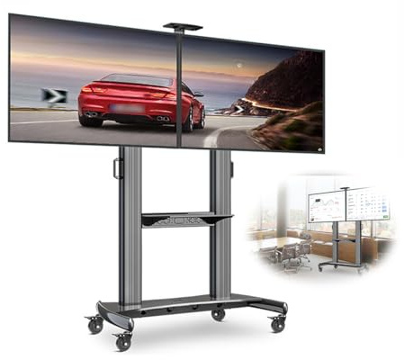 Supporto doppio per monitor da 40 a 60 pollici, altezza regolabile, rotazione a 360°, capacità di carico 90,7 kg, ideale per riunioni in ufficio e sessioni di allenamento