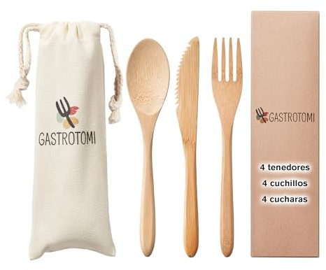 GASTROTOMI 12 Cubiertos para llevar de Bambú Natural con Bolsa de Tela – Set de cubiertos reutilizable de 12, 18 o 36 piezas para camping, picnic, oficina y viaje – cubiertos de madera sin BPA
