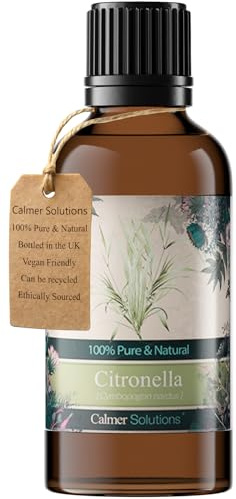 Calmer Solutions Citronela – 50 ml | Dolor de Cabeza, resfriados, Repelente de Insectos | Aceites Esenciales Naturales Puros 100% de Origen británico | Uso Profesional o doméstico | Difusores,