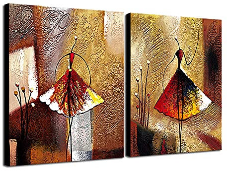 Wieco Art - Pinturas al óleo sobre lienzo para colgar, 2 unidades, 100 % pintadas a mano, diseño abstracto de bailarinas