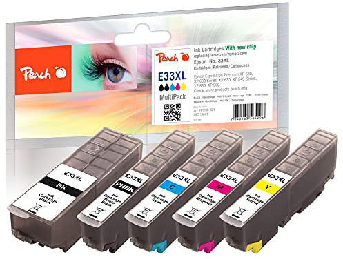 Peach E33 Spar Pack Druckerpatronen XL (BK, PBK, C, M, Y) ersetzt Epson T3357, No. 33XL, C13T33574010 für z.B. Epson Expression Premium XP -530, Epson Expression Premium XP -630