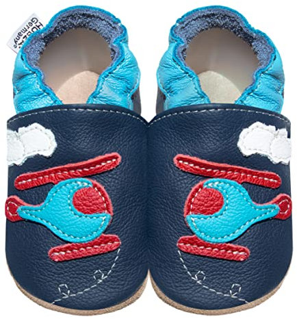 HOBEA-Germany Baby Krabbelschuhe Jungen, Kinderhausschuhe Jungen, Lederschuhe, 24/25 EU, Hubschrauber Hubi