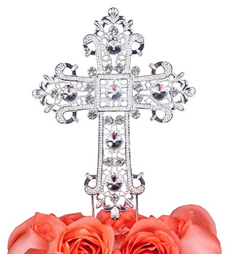 LOVENJOY Large Cross Cake Topper Silver Crystal Rhinestone Baptism Cake Topper for First Holy Communion Cake Decoration, Gift Boxed