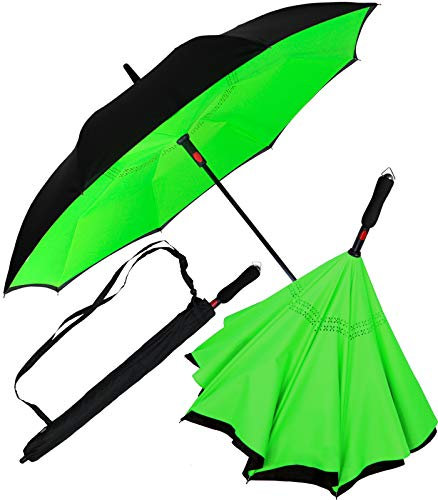 iX-brella Ombrello inverso automatico capovolto per aprire, nero-verde fluo, 106 cm, Ombrello inverso