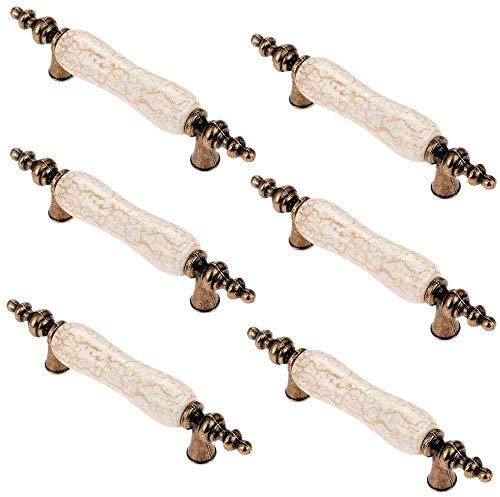 FBSHOP(TM) 6pcs Antique Brass Ceramic Handles with Brown Marble Finish,Kitchen Cabinet Knobs,Retro Ceramic Cupboard Drawer Pull Handle