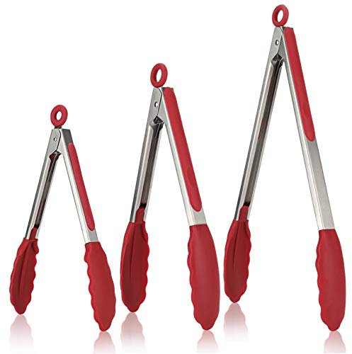 U-Taste Pince Cuisine Lot de 3 Pinces Barbecue en 18/8 Acier Inoxydable Ustensiles Cuisine avec Poignée Silicone Résistante à La Chaleur 315℃ Pince Buffet Anti-adhé, sans BPA (Rouge)