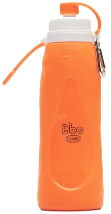 Irisana - Botella de Agua - 500 ml - Naranja - Plegable - 11 x 6 x 10,5 cm - De Silicona y con Mosquetón - Camping, Gimnasio y Colegio - Colección Bbo