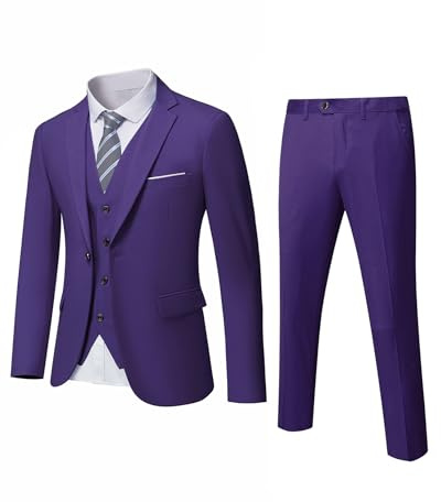YND Completo da uomo slim fit, 3 pezzi, giacca a tinta unita con un bottone, gilet, pantaloni, con cravatta, Viola scuro, XL