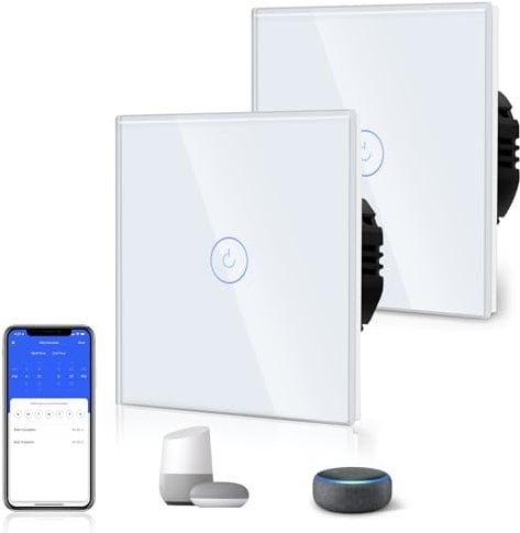 BSEED 2er Pack Smart Alexa 1 Gang 2-Wege-WLAN-Schalter, Glaswand-Wandlichtschalter Weiß, Google/Sprachsteuerung, Freigabegeräte (Neutralleiter erforderlich)