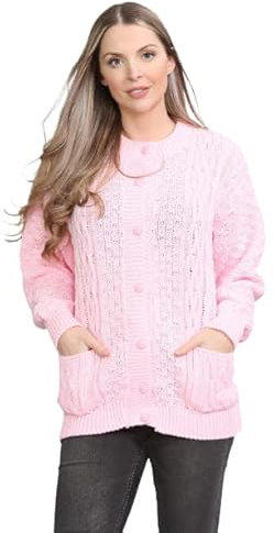 pretty attitude Women Winter Chunky Cable Knit Ladies Long Sleeve Aran Crew Neck Warm Cardigan (Baby Pink Aran Bw, 12)