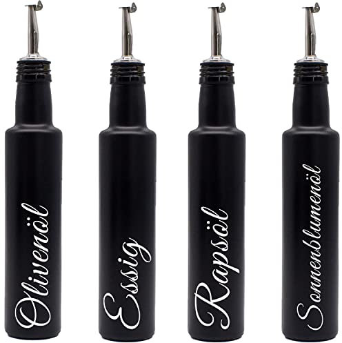 FLASCHE Olivenöl Rapsöl Sonnenblumenöl Essig Flaschen schwarz matt - 500 ml mit Edelstahl-Ausgießer und 4x Deckel