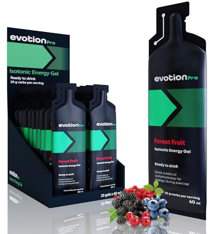 EVOTION PRO Gel Energetique - Isotonique, Lot de 20 á 60ml, D'hydratation adéquat, Activer votre Esprit et vos Muscles, Gel à Base de Maltodextrine, Vegane, Fruit de Bois