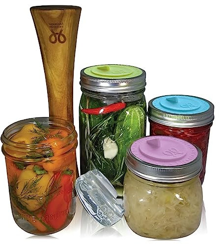 Kit completo de fermentación DIY para tarros de boca ancha o tarros de encurtido para 7 juegos. Pesas de vidrio, manipulación, tapas de bloqueo de aire y receta incluida
