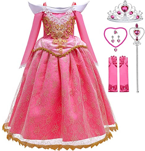 Snyemio Fille Déguisement de Princesse Aurore Robe de La Belle au Bois Dormant Anniversaire Fête Noël Partie Halloween Carnaval Cosplay Costume, 4-5 Ans(Étiquette 120)