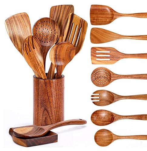 Baixia Lot de 9 Cuillères en Bois de Teck, Ustensiles de Cuisine en Bois avec Porte-Ustensiles et Repose-Cuillère, Durables et Résistants à la Chaleur