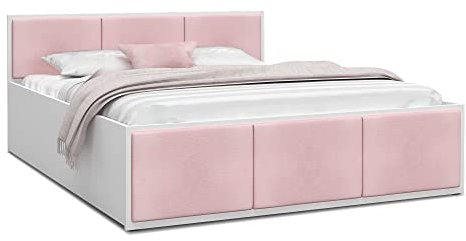 FurnitureByJDM Bett 120x200 mit Stauraum & Gepolsterte Einsätze – Doppelbett mit Bettkasten und aufklappbarem Lattenrost – Stauraumbett mit Liftfunktion - Panama (Weiß/Rosa Einsätze)