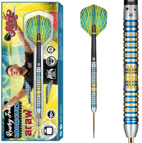 Shot! Steel DartsRowby-John Rodriguez Match Dart 90% Tungsten Steeltip Darts | Soft Dart Hochwertiges Tungsten Dart Set mit Schäften und Flights Made in New Zealand (23 Gramm)