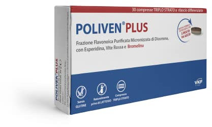 POLIVEN PLUS 30 CPR TRIPLO STRATO A RILASCIO DIFFERENZIATO | DIOSMINA, ESPERIDINA, VITE ROSSA E BROMELINA 2500 GDU| INDICATO PER VENE VARICOSE, PROBLEMI DI MICROCIRCOLO E PESANTEZZA ALLE GAMBE
