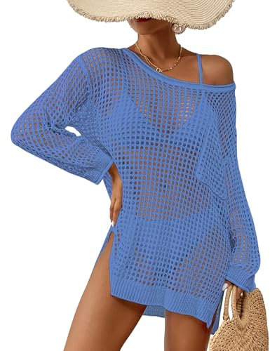 Bsubseach Robe Plage Femme Crochet Bikini Cover Up Djellaba Cache Maillot de Bain Piscine Coverup Pareo Manches Longues Tricot Haut Bleu