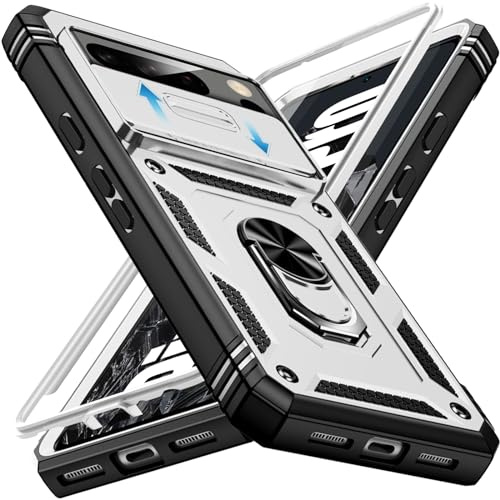 Giyer für Google Pixel 8 Pro Hülle, Handyhülle Pixel 8 Pro 5G mit Kameraschutz Kartenschlitz 360° Metall Ring Ständer Stoßfest Bumper Schutzhülle für Google 8 Pro Case Cover Tache (Weiß)