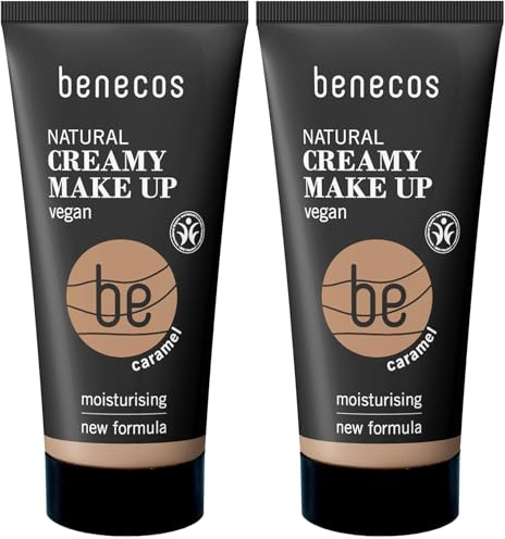 benecos Naturkosmetik - Creamy Make-up - flüssig - mattierend - vegan – caramel (Packung mit 2)