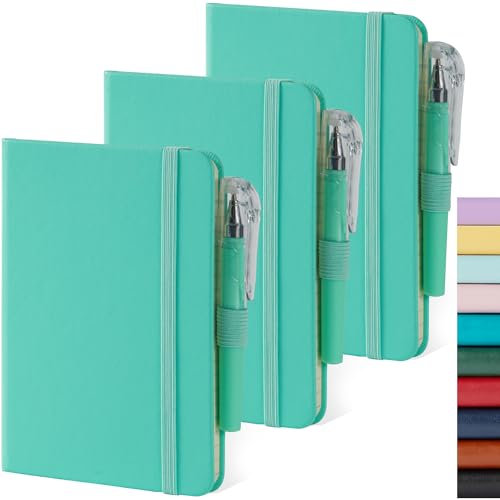 NIRMIRO Kleines Taschen-Tagebuch, Notizbuch, 9,4 x 14,5 cm, mit Stift, A6 Mini-Notizblock für Damen/Herren, 408 Seiten, 100 g/m² liniertes Papier, Notizblöcke, Leder, Grün, 3 Stück