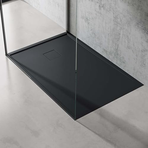 doporro Duschtasse Duschwanne 80x120x5 flach Mineralguss in Anthrazit inkl. Ablaufgarnitur AL01 DIN-Anschlüsse für bodenebene Montage geeignet Geoma08
