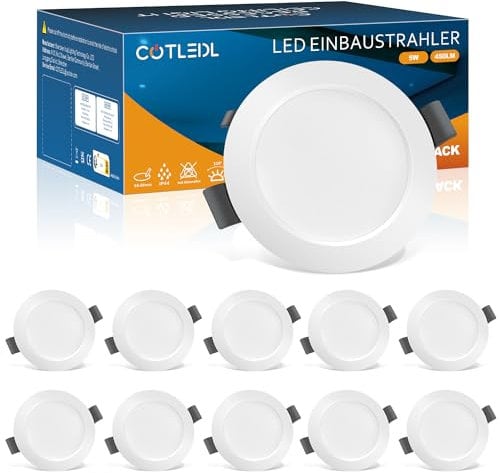 LED Einbaustrahler 230V Flach, 10er Spots 5W Neutralweiß 4000K IP44 Bad Einbauleuchten, 68-80mm EinbauØ Deckenspots 450LM für Badezimmer Wohnzimmer Küche
