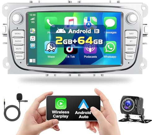 Podofo 2+64G Autoradio für Ford Focus C-Max S-Max Mondeo Kuga Galaxy Mondeo 9 Kuga with Wireless Carplay Android Auto, Android 13 Radio mit 7 Bildschirm, GPS, WiFi, RDS + Rückfahrkamera & Mic, Silber