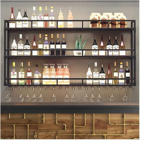 Porte-bouteilles De Vin Mural En Métal, Casier À Vin Mural Avec Lumières LED, Étagère Murale À Bouteilles, Étagère De Rangement Pour Vin, Pour Maison, Cuisine, Bar, Salle À Manger(Color:Black,Size:80x