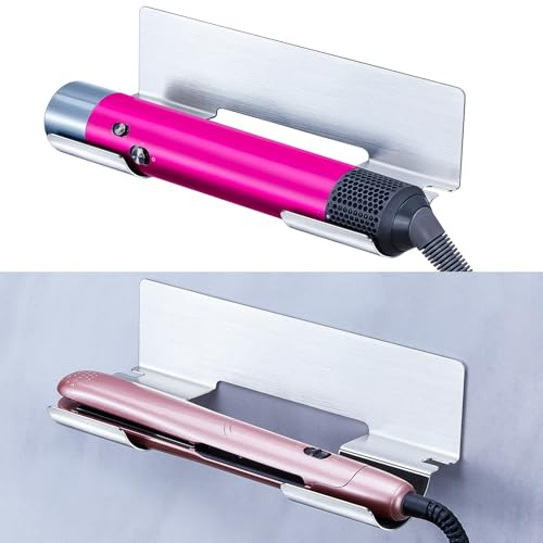 GGQ Föhn und Glätteisen Halterung, Föhn Halterung Föhnhalter Wand, Fönhalter Ohne Bohren, Lockenstab Aufbewahrung, Fönhalterung für Bad, Selbstklebend Haartrockner Halterung (Silber)