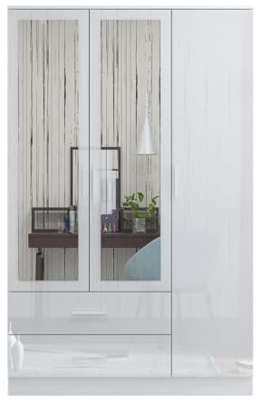 URBAN FURNISHING High Gloss Wardrobe with Mirror & Drawers – 3 Door Modern Wardrobe Hanging Rail Storage Cupboard for Bedroom (White)