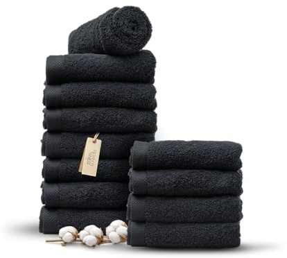 MissTowels® Handtuch Set 12-teilig – 100% Baumwolle aus Portugal, Schwarz, 50x100 cm – Weich & Saugfähig – Hotelqualität – Oeko-TEX Zertifiziert – 8+4 Gratis