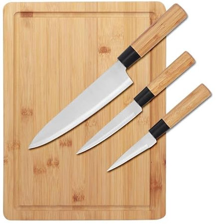 Tabla de Cortar Cocina, Tabla de Madera, Set de Tabla de Cortar de Bambú con 3 Cuchillos para Picar Alimentos, Tabla de Encimera - 35x25cm - Ideal Para Cortar Queso, Verdura y Carne