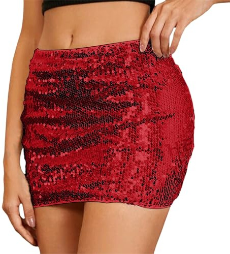 2025 Pailettenrock für Damen Pailletten Glitzer Rock Kurz Silber Gold Sexy Midi Skirt Hüftrock mit Elastische Taille Glitzerrock für Party Rave Outfit