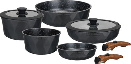 Royal Swiss® Batterie de Cuisine Induction 9 pièces - 2 Poignées Amovibles - Ensemble de Casseroles avec couvercle pour toutes sources de chaleur - Noir - Casseroles et poêles sans PFAS (9) - Diamand