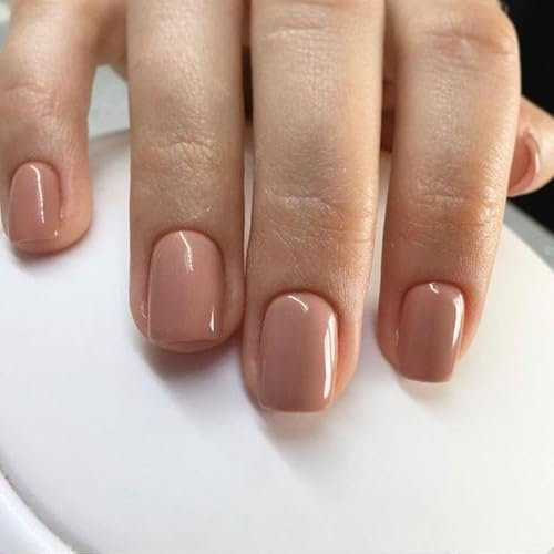 LunarCharm 24 Stück kurze Press-On-Nägel in Nude, kurze quadratische mittlere Form, einfarbige künstliche Nägel in dunkler Farbe, zum Aufkleben, kurze künstliche Sargnägel