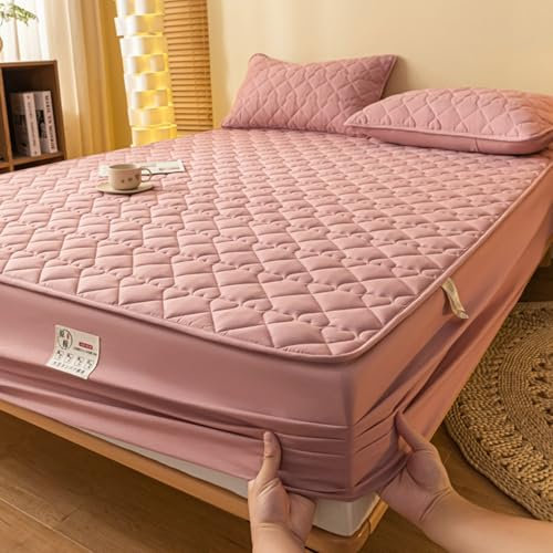Lirzxin Drap Housse 150x190x25 cm Coton Lavé, Drap-Housse Couleur Uni avec Texture Coeur Géométrique Drap de Lit et 2 Taies D'oreillers Doux et Durable Lavable en Machine, Rose Foncé
