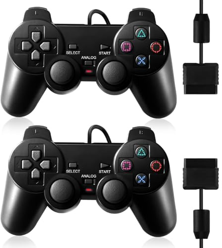 HaeBorl Lot de 2 manettes filaires compatibles avec PS2/PS2 Slim/PS1, PS2 de rechange avec double vibration, noir