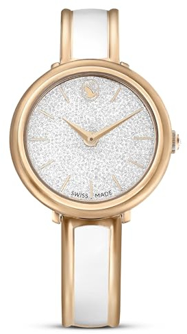 Swarovski Crystalline Lustre Leather Strap Band, Swiss Made, Stainless Steel, Domed Saphire Glass, 33mm, 3,460 Blue Crystals, White & Rose Gold Tone Metal Band