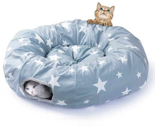 JanYoo Katzentunnel mit Weiches Katzenbett, Rund Katzen Tunnel mit Zwei Eingängen Katzenhöhle Katzenspielzeug für Indoor-Katzen, Große Katzentunnel Abnehmbar für Mehrfaches Spielen