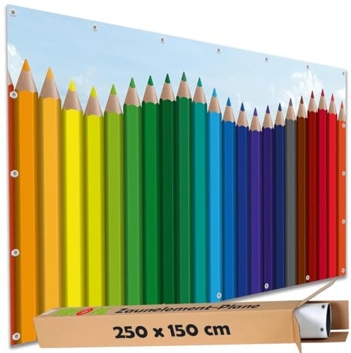 TRIOSK Sichtschutz Garten Deko Zaun Plane Blickdicht groß mit Zaunblende Motiv Buntstifte Regenbogen für Balkon Terrasse Zaunelement Doppelstabmatten Gartenzaun PVC 250x150 cm Bunt