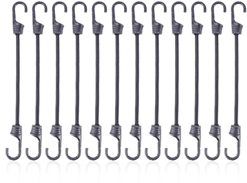 VirtuGro 12Pcs Bungee Cords with Hooks 12 inch Weatherproof & UV-Resistant Elastic Bungee Straps Heavy Duty Elastic Shock Bungee Ropes for Outdoor Camps, Tarps, Garden Furniture, Kayak